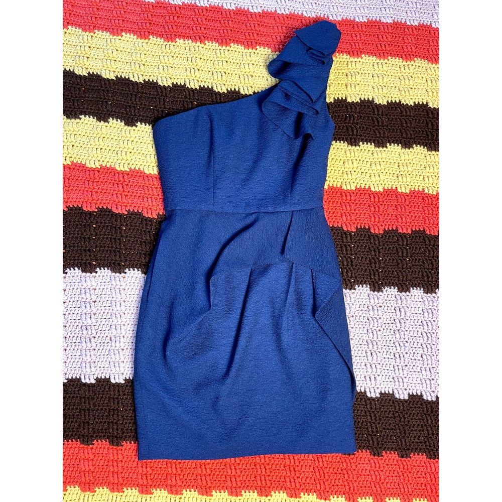 BCBG Max Azria Navy One Shoulder Crepe Dress, Size Petite 0